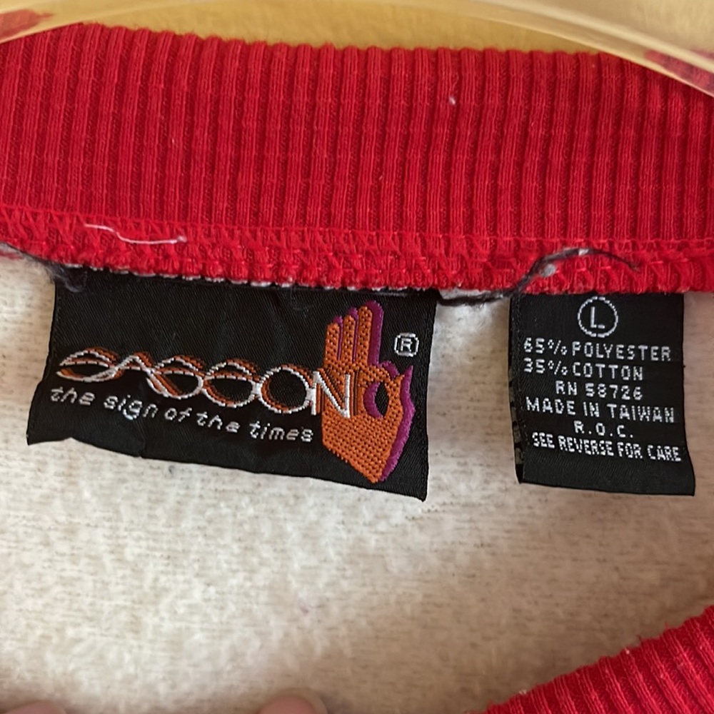 Vintage 80s Sassoon red & white stripe patchwork Armed Forces tribute sweatshirt - Picture 7 of 7